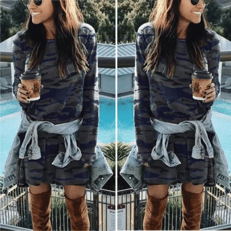 Casual Round Collar  Camouflage Long Sleeved Slim Mini Dress