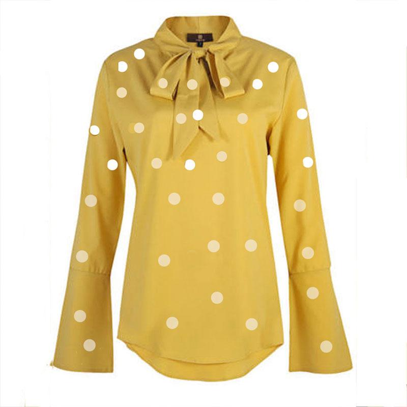 Autumn Spring  Women  Tie Collar  Polka Dot  Bell Sleeve  Long Sleeve Blouses