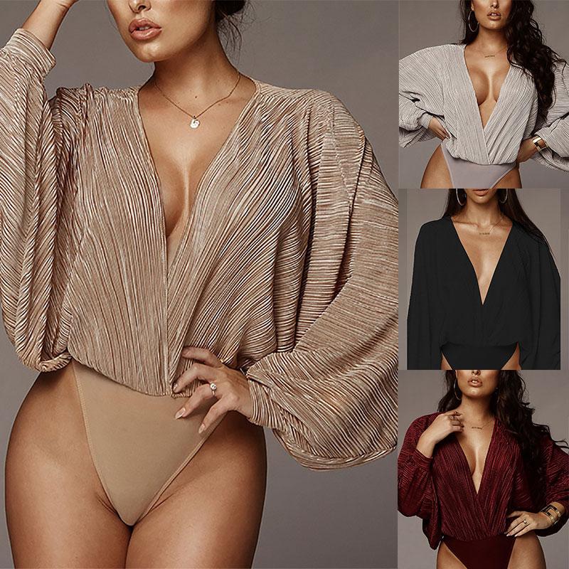 Sexy V Neck Loose Pleated Long Sleeve Jumpsuits