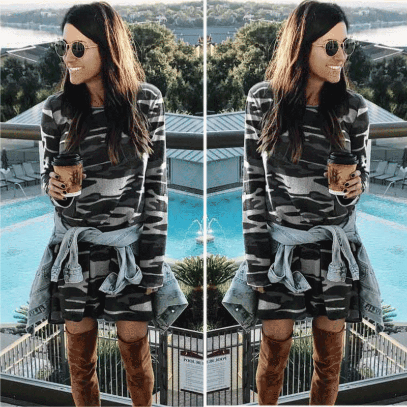 Casual Round Collar  Camouflage Long Sleeved Slim Mini Dress