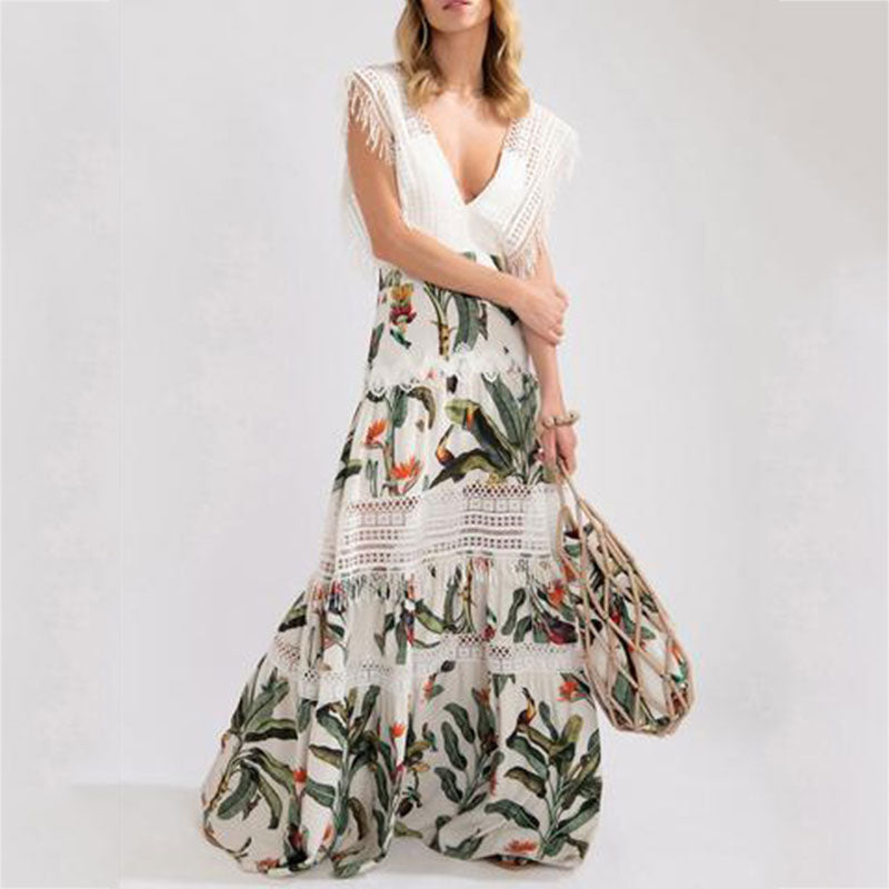 Fashion Deep V-Neck sleeveless Print Stitching Lace Cutout Dress