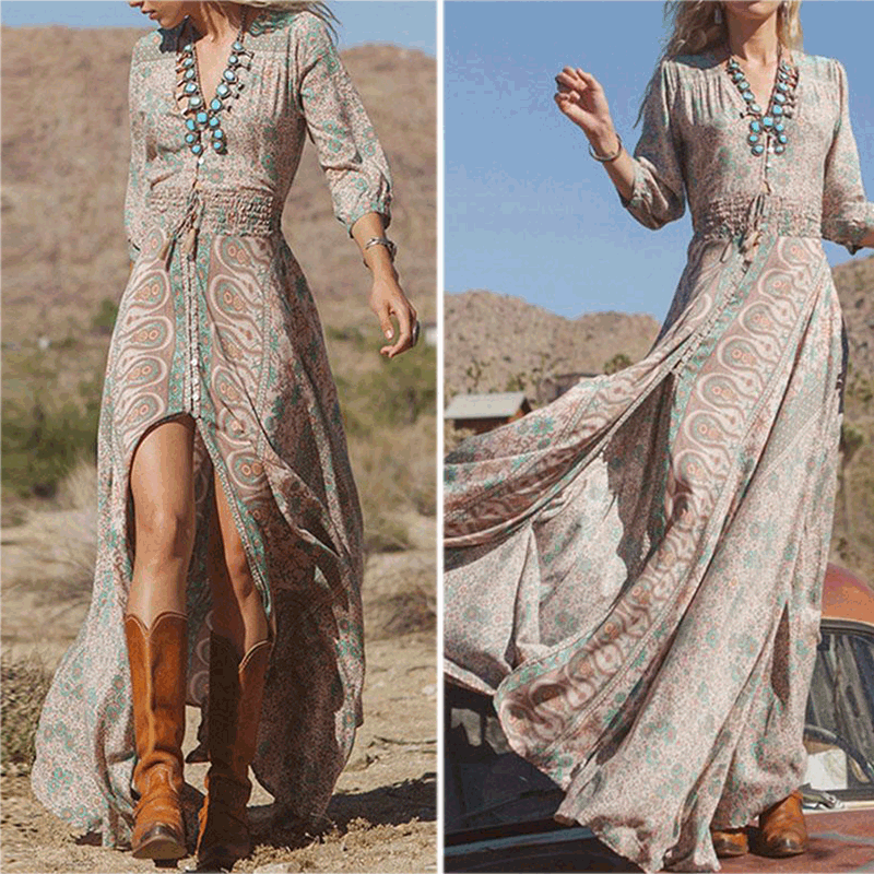 V Neck Printed Lantern long sleeve Dress