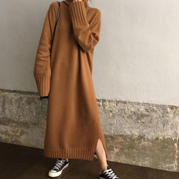 Casual High collar long sleeves  long Shown thin knitted dress