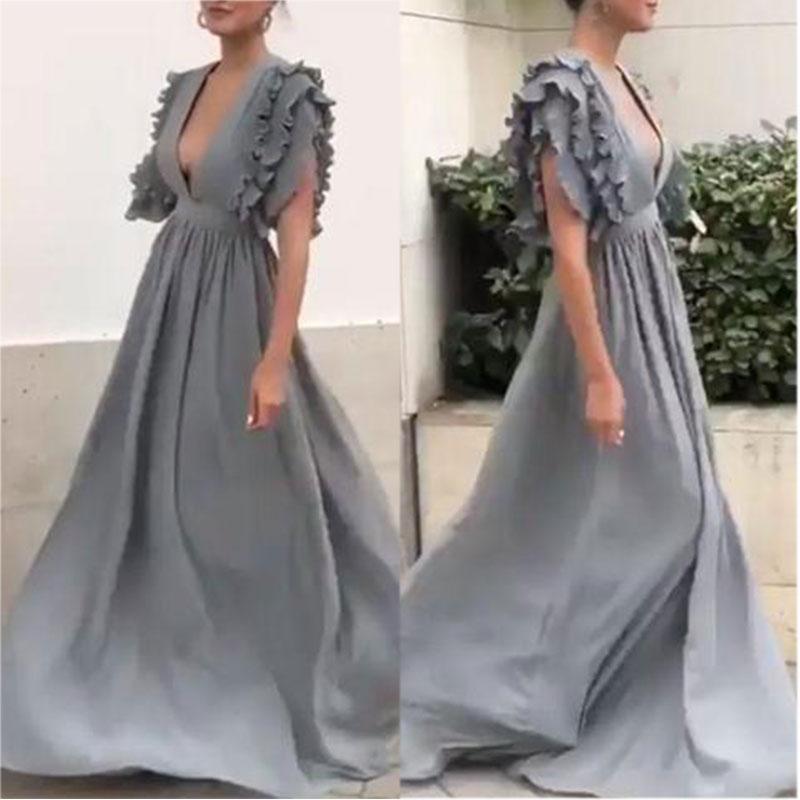 Sexy Gray V Neck Short Sleeves Maxi Dress