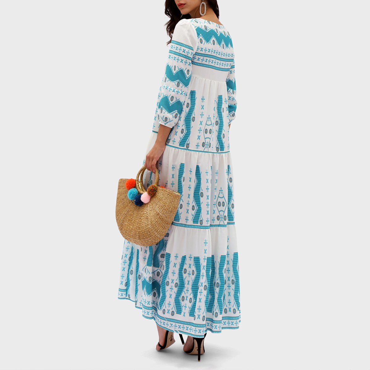 Spring Summer Cotton Linen Printed long sleeves Dress