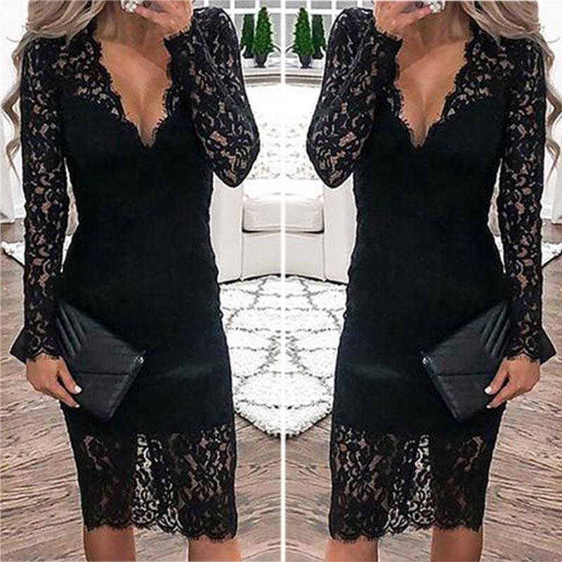 Female Sexy V Collar long sleeve Lace Splice Halter Vest Trim Dress