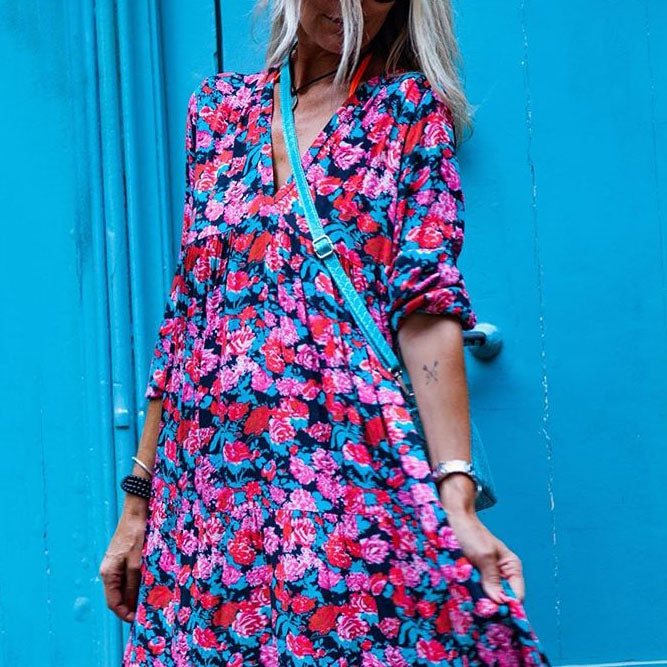 European And American Deep V-Neck Abstract Style Print Dress