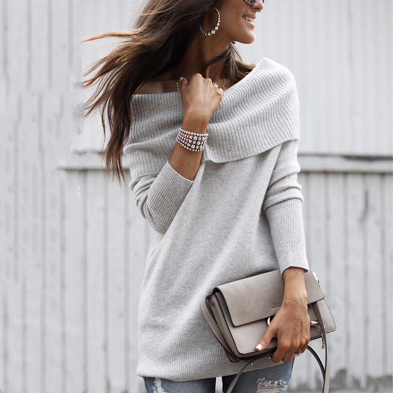 Sexy Large Lapel Cloak Sleeve Solid Color Sweater