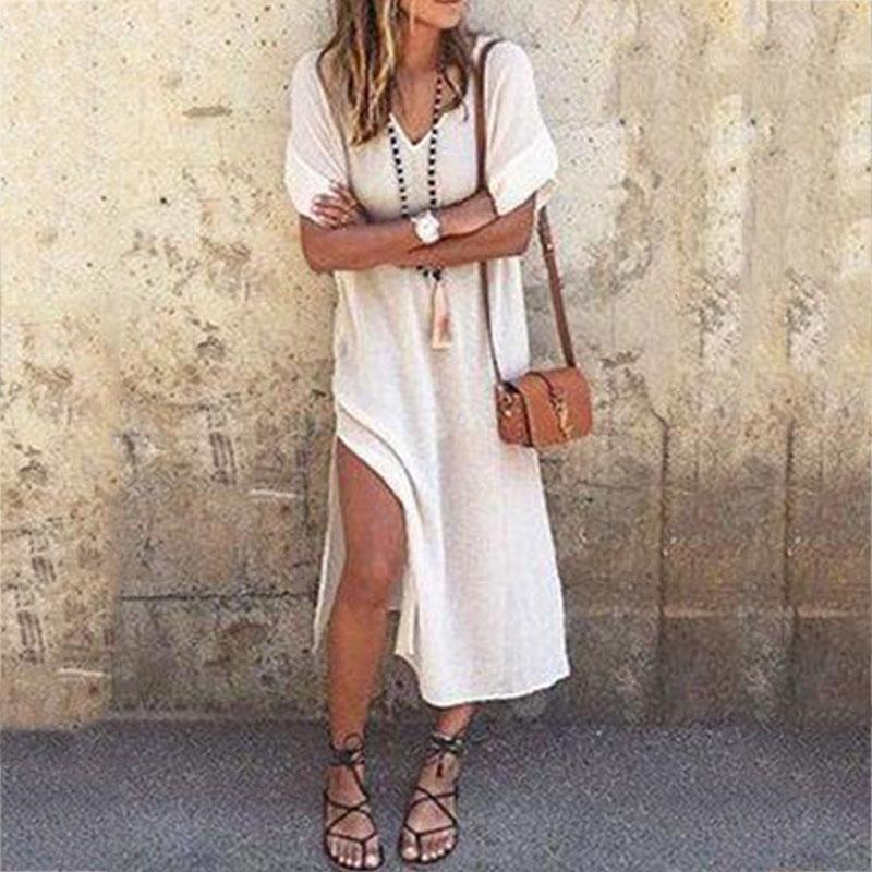 V-Neck  short sleeves Solid Color High Split Casual Dress