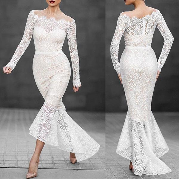 Off Shoulder See-Through Long sleeves Plain Lace Mermaid Evening Dress