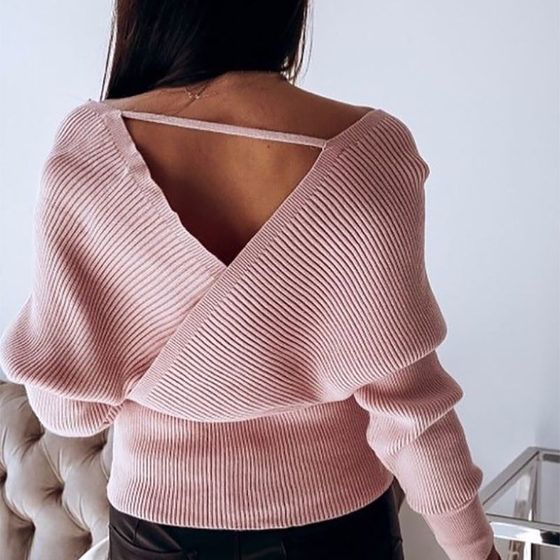 Sexy V Neck Long Sleeve Pure Color Sweater