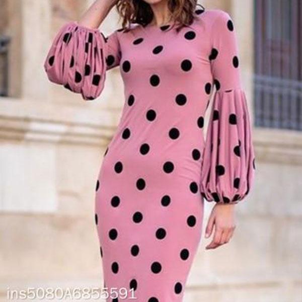 Round Collar Long-Sleeved Dot Print Trim Dress