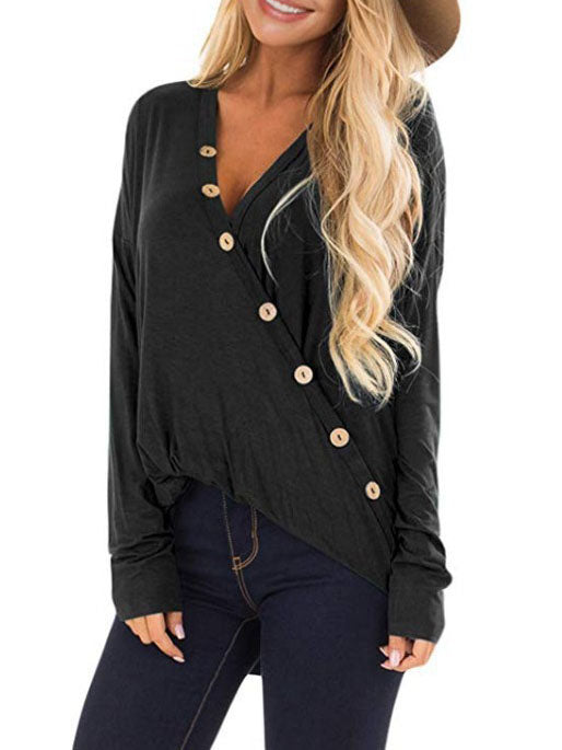 Solid Color V-Neck Button Long Sleeve T-Shirt