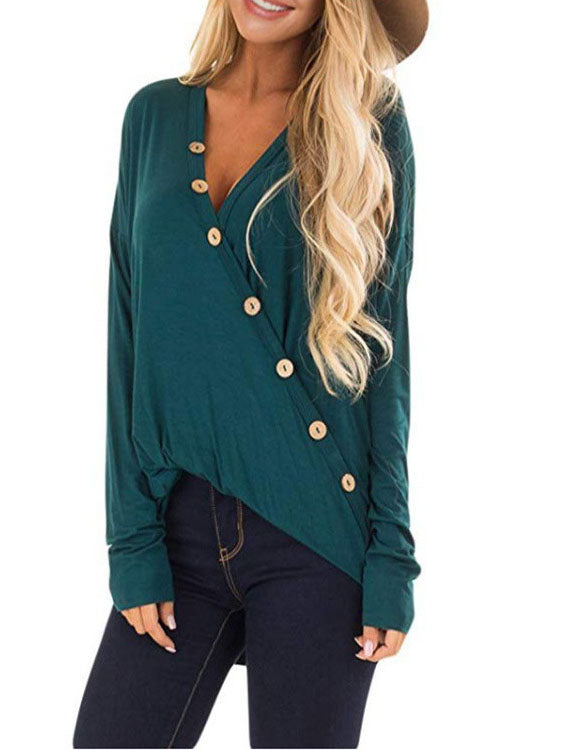 Solid Color V-Neck Button Long Sleeve T-Shirt