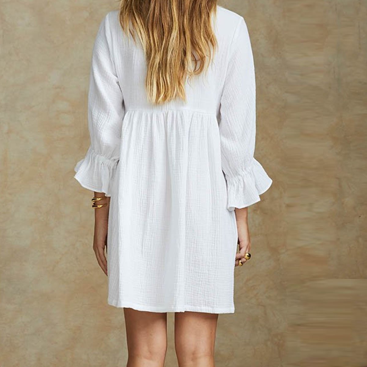 Solid Color Short-Sleeved Shirt Collar Cotton And Linen Mini Dress
