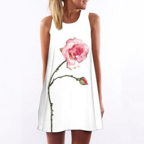 Round Neck  Floral Printed  Sleeveless Casual Dresses