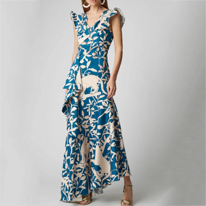 Elegant V Neck sleeveless Printed Colour Maxi Dress