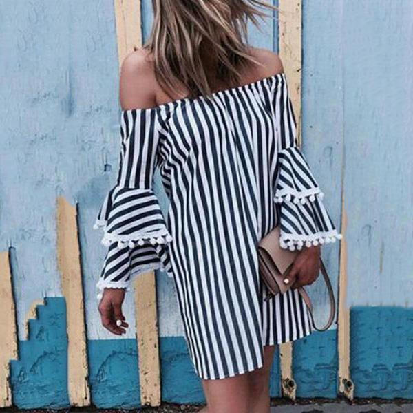 Off Shoulder  Striped  Bell Sleeve  Long Sleeve Casual Dresses