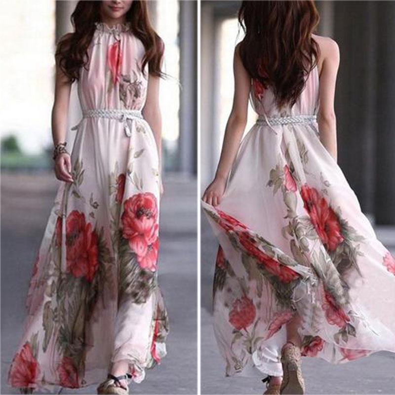 High Neck  Belt  Floral Printed Polka Dot sleeveless Maxi Dress