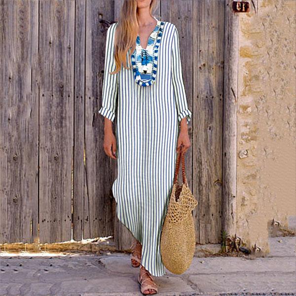 Loose V Collar long sleeve Vacation Dress