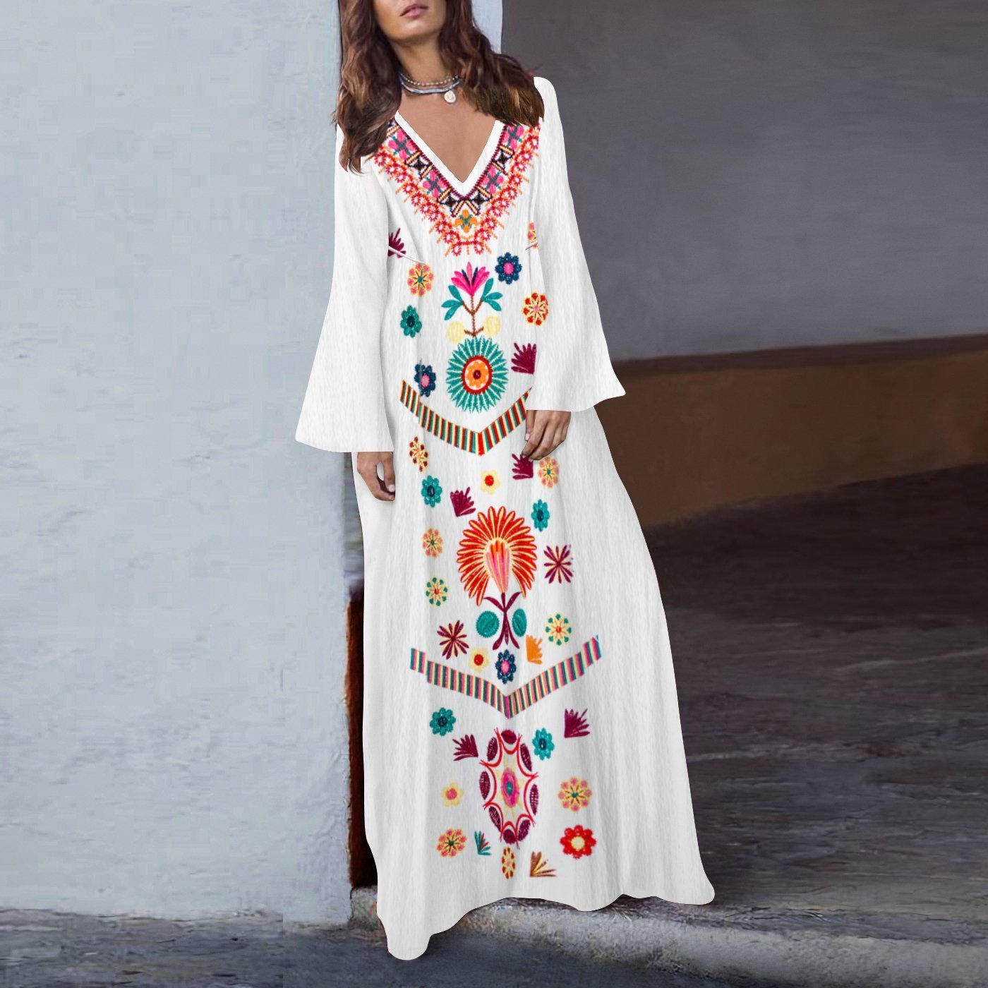 Cotton/Linen V-Neck long sleeve Printed Fringed Maxi Dress