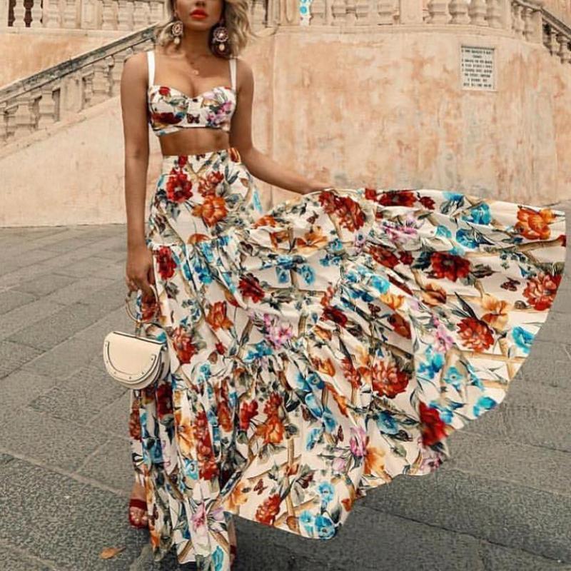 Sexy Off Shoulder sleeveless Midriff-Baring Floral Printed Beach Maxi Dress