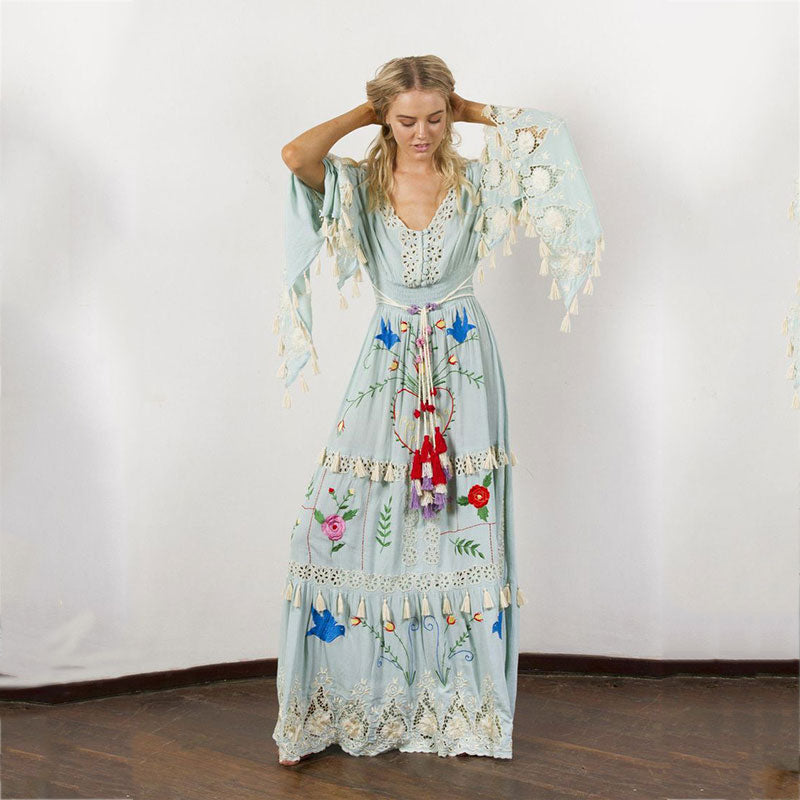 Women's Bohemian Printed Tassel V-Neck Dress