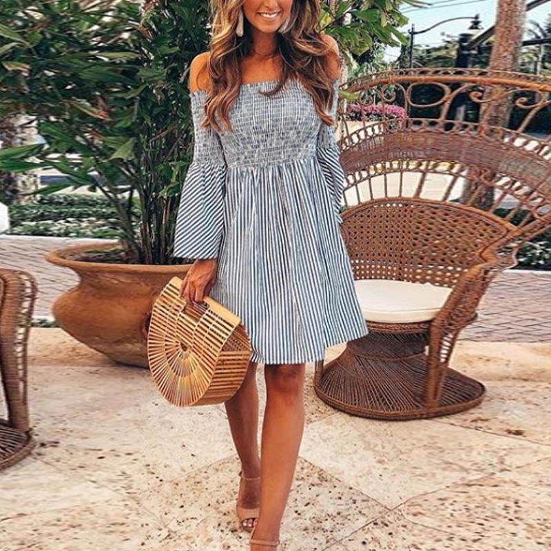 Off Shoulder  Striped  Bell long sleeves Casual Dresses