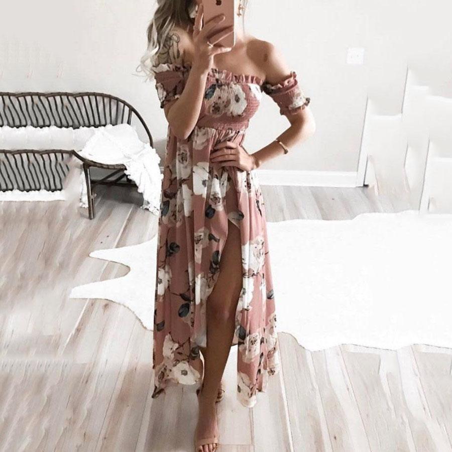 Off Shoulder  Asymmetric Hem High Slit  Floral Printed  Short Sleeve Maxi Dresses