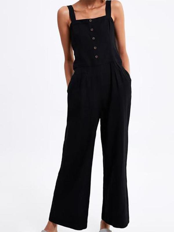 Square Collar Waist Pleated Button Jumpsuit