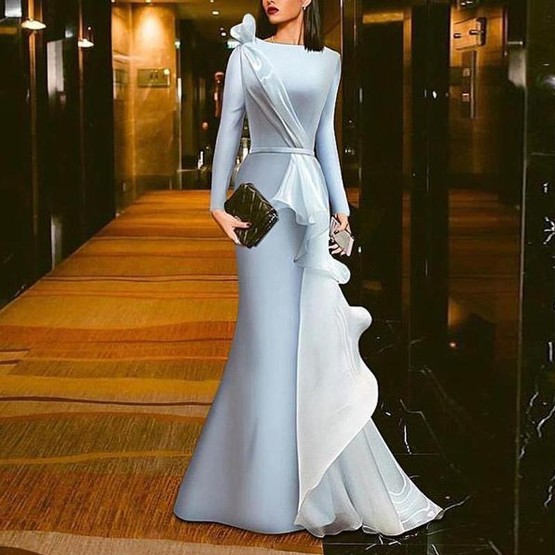 Solid Color Gauze Stitching long sleeve Evening Dress