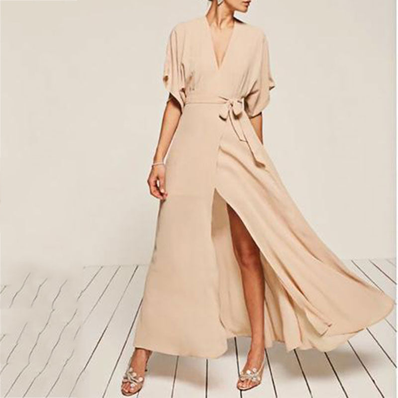 Fashion V-Neck Short-Sleeved Split Solid Color Dress