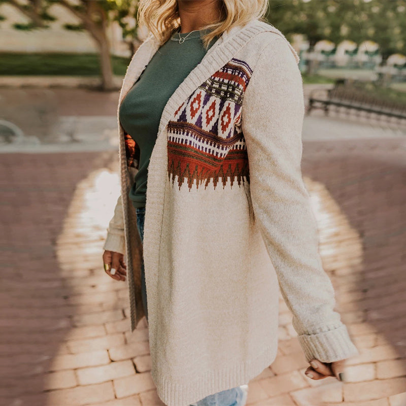 Ethnic style stitching long sleeve hooded cardigan