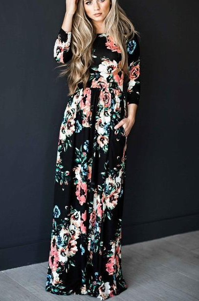Round Neck Floral Long Sleeve Maxi Dresses