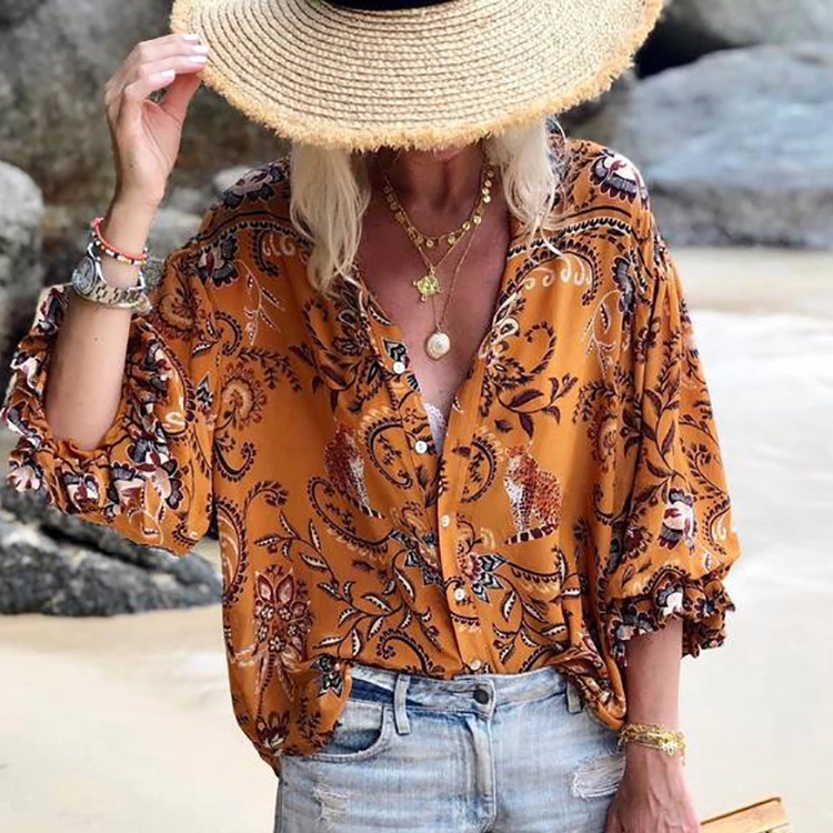 Boho Turndown Collar Printed Loose Blouse