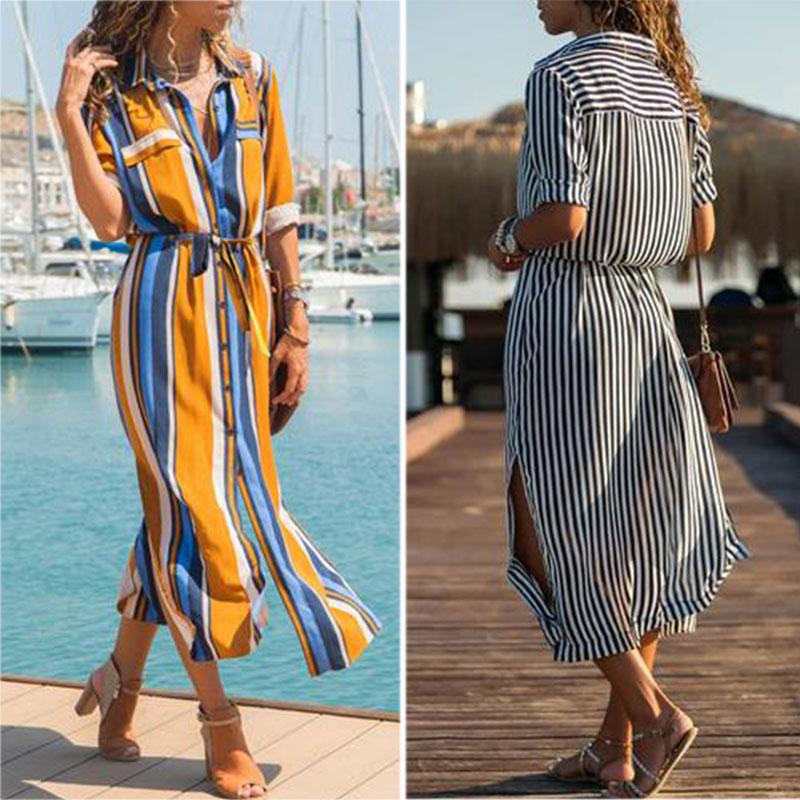 Casual Fashion Striped Shirt  Collar Split short sleeve Dress