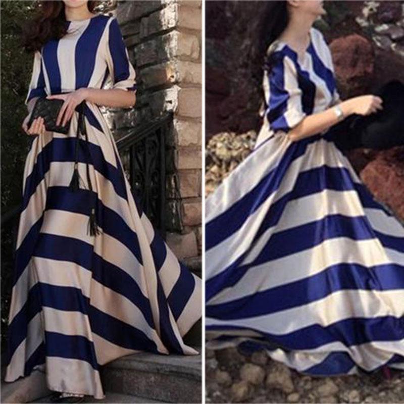 Round Neck long sleeves Printed  Polyester Maxi Dress