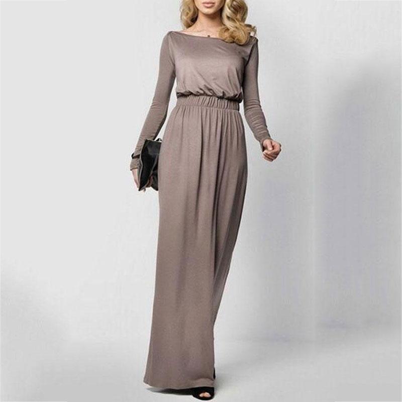 Scoop Neck  long sleeves Elastic Waist  Plain Maxi Dresses