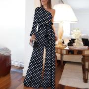 Fashion Pure Colour Off-Shoulder Polka Dot Jumpsuit