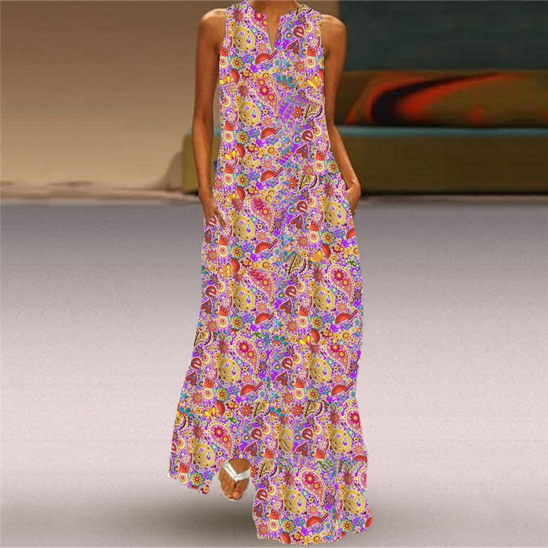 V Neck Printed Pocket Sleeveless Maxi Dress