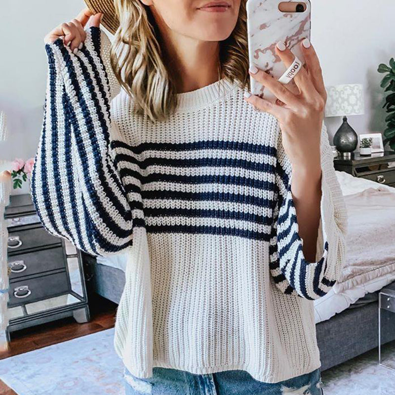 Casual Long Sleeve Striped Round Neck Sweater