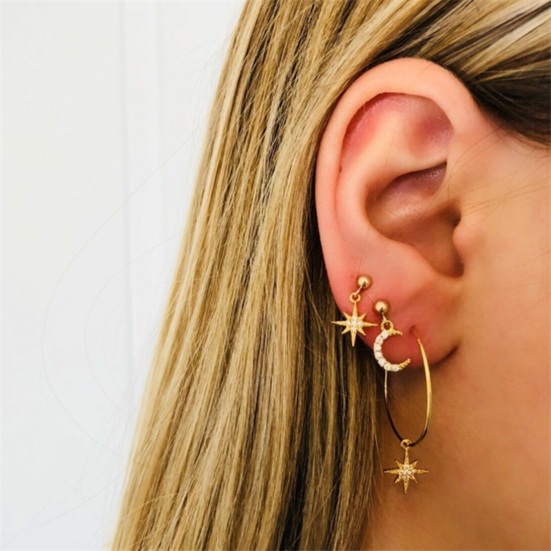 Full Diamond Star Moon Earring Stud Earrings Combination