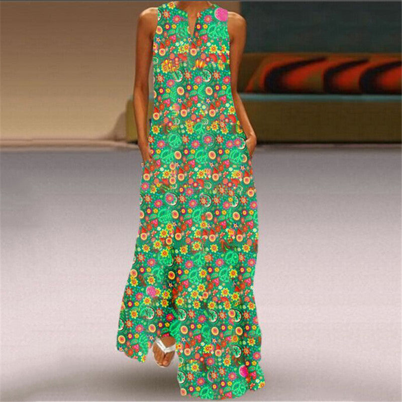 V Neck Printed Pocket Sleeveless Maxi Dress