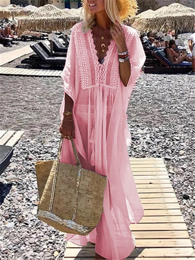 V-Neck long sleeve See Through Vacation Maxi Dress