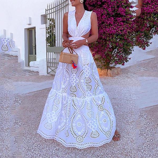 Vacation V Neck Sleeveless Pure Colour Maxi   Dress