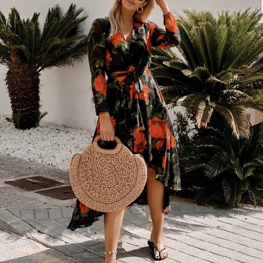 Casual Floral Printed V Neck High-Low Dress