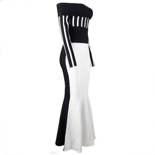 Sexy Shoulder Stripe Long-Sleeved Evening Dress