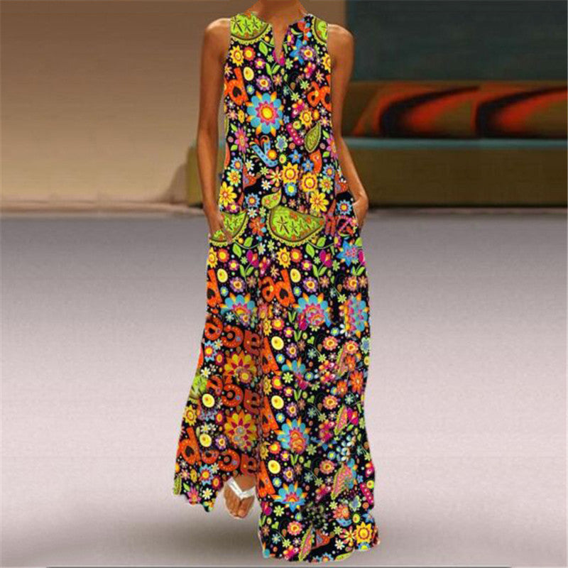 V Neck Printed Pocket Sleeveless Maxi Dress