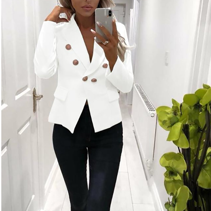 Simple V-neck solid color double-breasted blazer