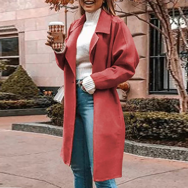 Casual solid color lapel wild long sleeve coat